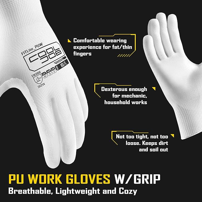 COOLJOB 12/60 Pairs Safety Work Gloves Pack Bulk with Grip PU Coating, 13 Gauge Seamless Knit Gloves with Polyurethane Dipped for Warehouse Working, Breathable Lightweight for Men Women, White Xlarge