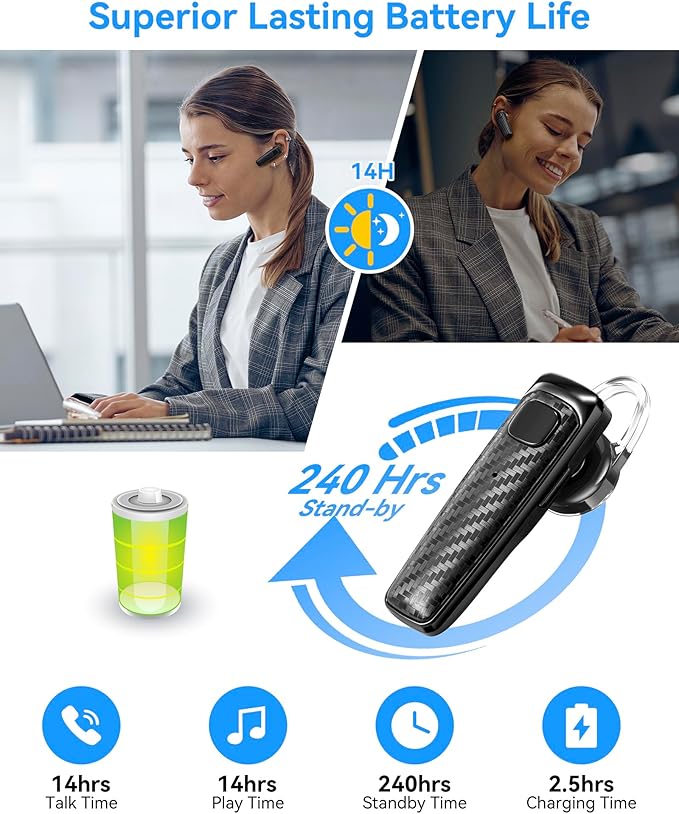 S525 Bluetooth 5.1 Wireless Earpiece, 16Hrs HD Calling, CVC8.0 Noise Cancelling, Hands-Free, Black