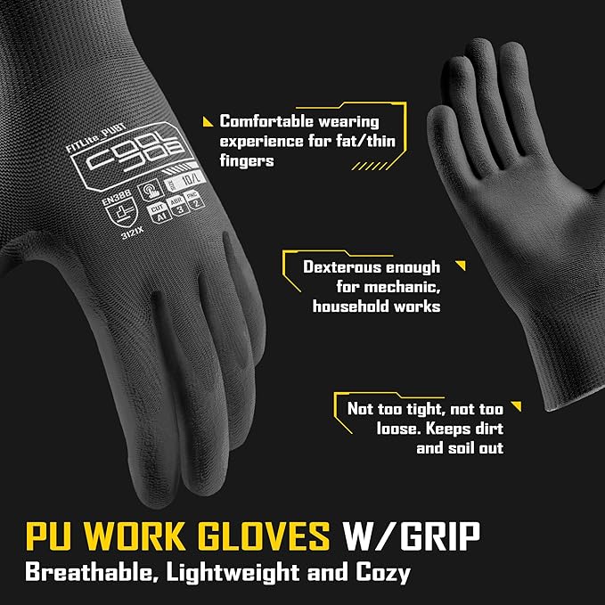 COOLJOB Safety Work Gloves PU Coated - 12/60 pairs, Touchscreen 13 Guage Ultra-lite Polyurethane dipped Gloves with Grip for Men Women, Lightweight Breathable Bulk Pack, Large, Black