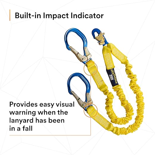 3M DBI-SALA 6' Shockwave2 1 1516" Polyester Tubular Web Twin-Leg Tie-Off Shock-Absorbing Lanyard With Snap Hook And Aluminum Rebar Hooks On Leg Ends