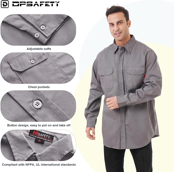 FR Shirt 7oz Fire Resistant Shirts Men's,CAT2 Welding Shirt 100% Cotton Flame Resistant Shirts Gray (2X-Large)