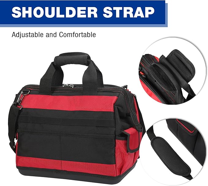 WORKPRO 16" Top Wide Mouth Tool Bag with Water Proof Rubber Base, Multi-Compartment, 46 Pockets, For Tool Organizer & Storage, W081122A