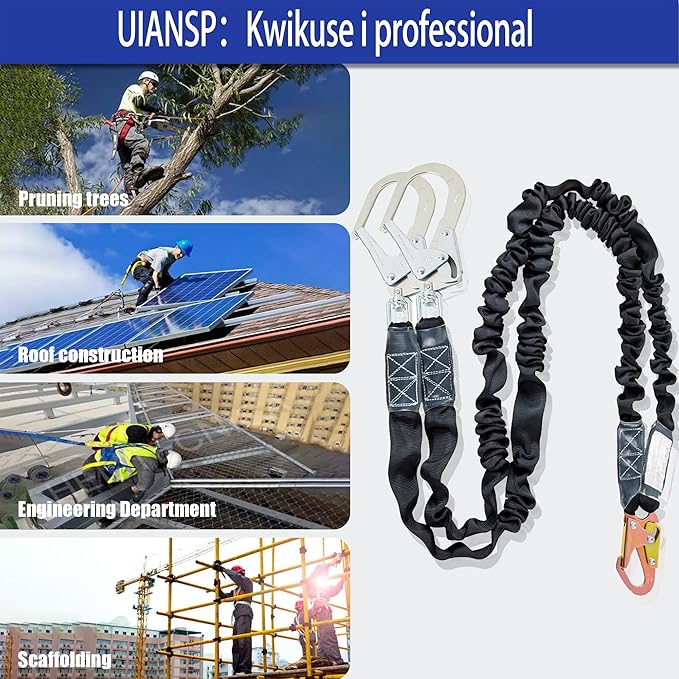 6ft Safety Harness Lanyard Double Leg Internal Shock Absorbing Safety Fall Protection Lanyard with Rope Harness Safety Lanyard Dual Rebar & Snap Hook Roofer Fall Protection Equipment（Alloy Steel）