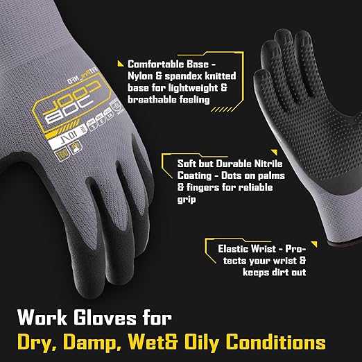 COOLJOB 3/6/12 Pairs Nitrile Rubber Coated Nylon Safety Work Gloves, Dotted for Non-Slip Grip, Breathable Soft Seamless Knit Nitrile Dipped Gloves for Warehouse, Home Improvement, Yard, Grey Medium