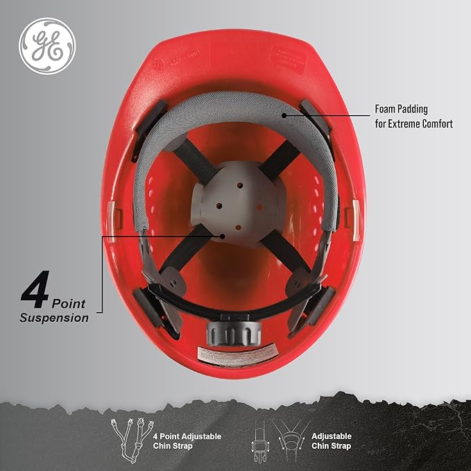 GE Safety Helmet Vented, Hard Hat Style, One Size with Earmuff Slots, Includes 4-Point Ratchet System, Meets ANSI ISEAZ89.1-2014 Standards, RED, Model # GH326R