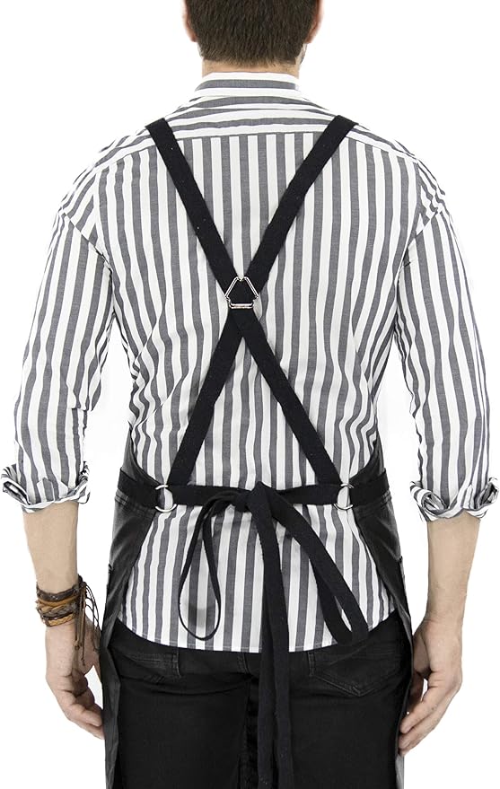 Under NY Sky Cross-Back Black Apron – Chrome Hardware, Coated Twill, Leather Reinforcement, Split-Leg – Adjustable for Men, Women, Pro Barber, Tattoo, Hair Stylist, Barista, Bartender, Server Aprons