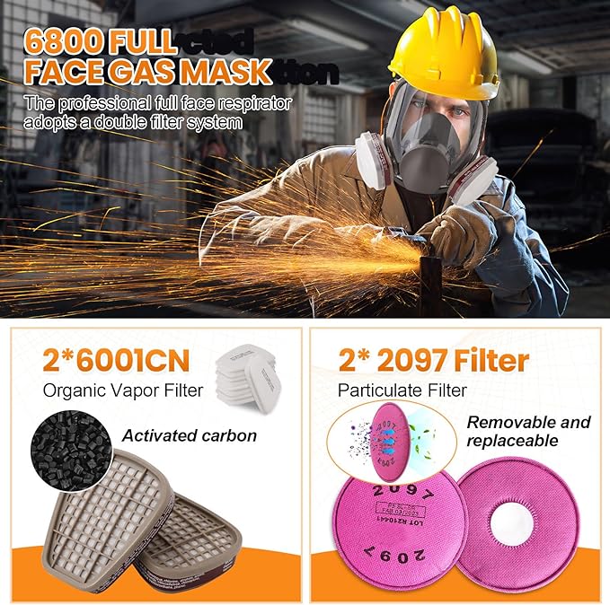 Full Face Respirator Mask,Reusable Anti-fog Full Face Cover, Organic Vapor Gas Mask with Activated Carbon Filters Against Dust Chemicals for Painting, Polishing, Welding, Sanding & Cutting