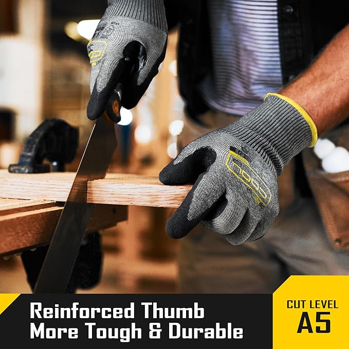 COOLJOB ANSI A5 Cut Resistant Gloves - 1/3/12 Pairs, Nitrile Rubber Dipped Safety Work Gloves for Men, Knife Proof with Grip Coating for Construction Warehouse Glass Wood Work, Grey Xlarge