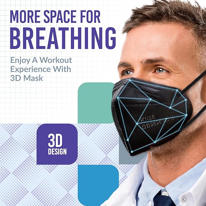 Medtecs KN95 Face Masks Disposable - Individually Wrapped, 5 Ply Protection & Extra Wide Elastic Ear Loops Design, ≧ 95% Filtration Efficiency | Mask Extender included, 50 PC - Black