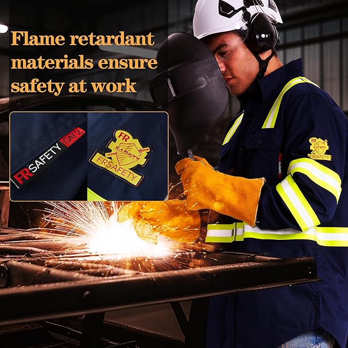 SRsafety Hi Vis FR Work Shirts,7.0oz Long Sleeve Flame Resistant Shirts for Men,100% Cotton High Visibility Fire Shirt