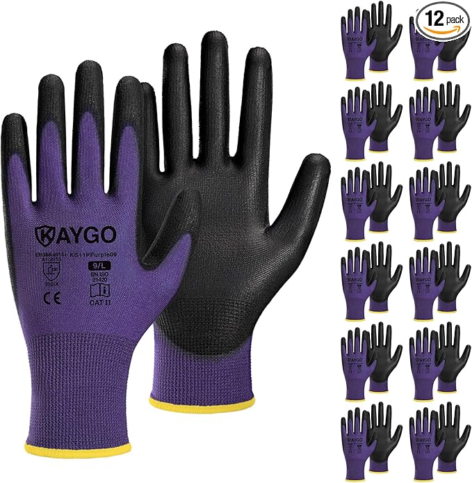 KAYGO Safety Work Gloves PU Coated,12 Pairs KG11PB Seamless Knit Glove for Men and Women, with Smooth Grip on Palm and Fingers, Ideal for General Duty Work (L, Purple)