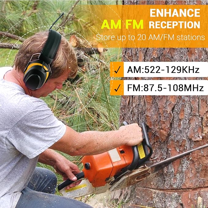 Upgraded AM FM Radio Headphones with Bluetooth 5.4,NRR 25dB Safety Ear Muffs for Noise Reduction,LCD Headset,Built-in Mic,2000mAh Rechargeable Hearing Protection for Walk,Lawn Mowing,Workshop(Yellow)