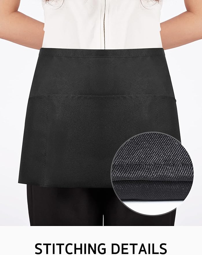Syntus 6 Pack Server Apron with 3 Pockets, Waterdrop Resistant Waitress Waiter Waist Apron, 11.5-inch Black