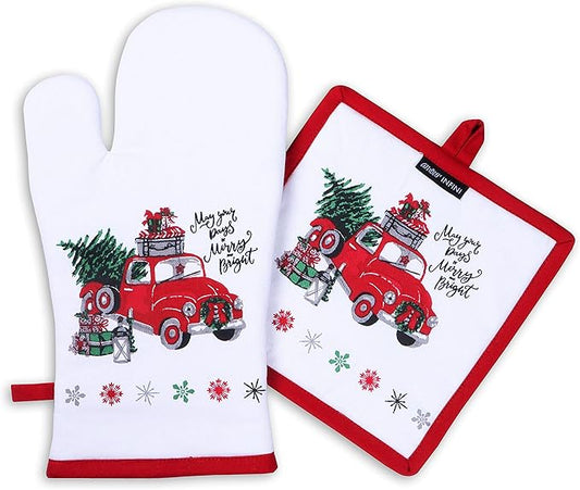 AMOUR INFINI Pot Holders and Oven Mitts 100% Cotton Unique Merry Christmas Design|Heat Resistant Non Slip Reusable Set of 1 Oven Mitt and 1 Pot Holder|Thanksgiving Christmas Fall Festive Kitchen Set