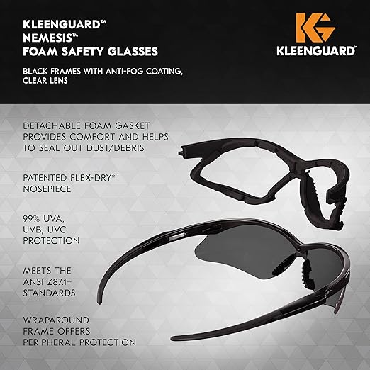 Kleenguard™ V30 Nemesis™ Foam Safety Glasses (65336), Smoke Lenses with KleenVision™ Anti-Fog coating, Black Frame, Unisex Eyewear for Men and Women (12 Pairs/Case)