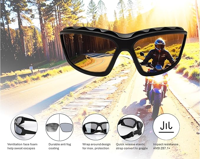 Anti-Fog Safety Motorcycle Riding Sunglasses Foam padded Goggle, Dustproof, Windproof, Hunting, Hiking, Golfing