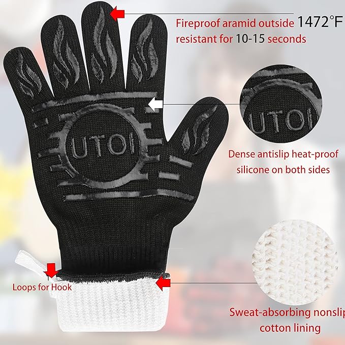 BBQ Grill Gloves, 1472F Heat Resistant Barbecue Oven Mitts, Silicone Non-Slip Cooking Gloves for Kitchen, Grilling and Baking, EN407 Certified, 13 inch Long, Black, XL Size, 1 Pair