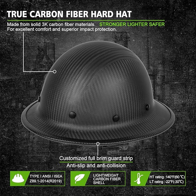 GREEN DEVIL Carbon Fiber Full Brim Hard Hat OSHA & ANSI Rated Hardhat for Men with Brim Guard
