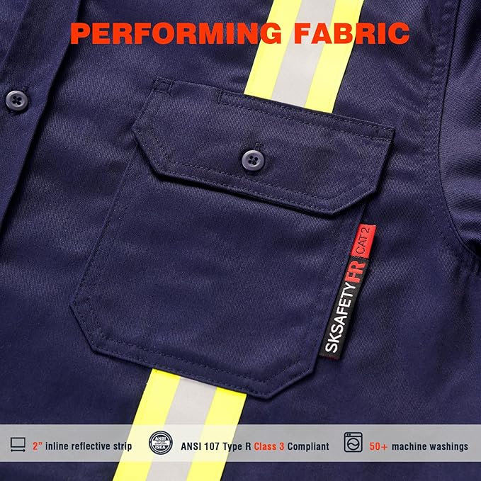 SKSAFETY 7oz FR Shirts for Men, Welding Shirt Hi Vis Flame Resistant 100% Cotton Fire Retardant Longsleeve Shirt CAT2/NFPA