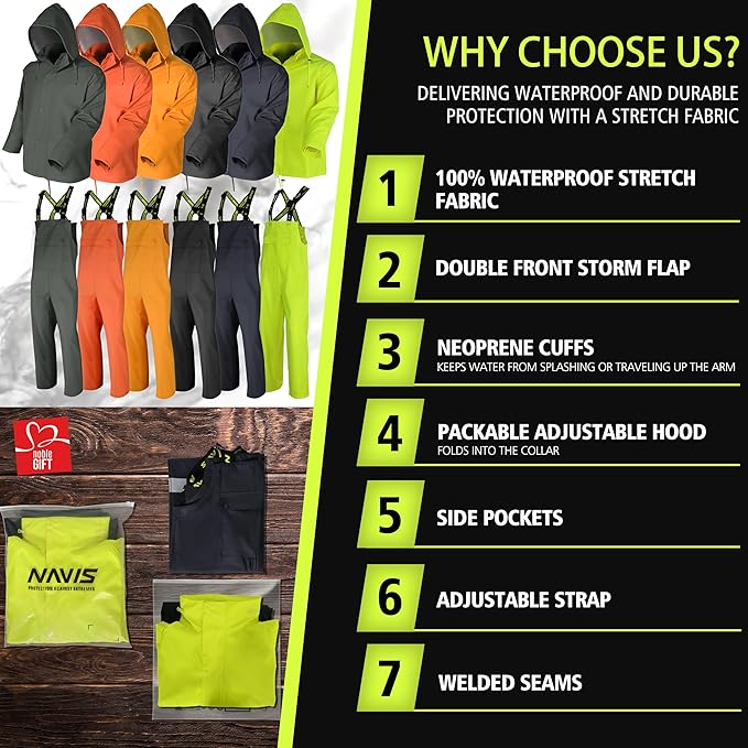 Men's Workwear PRO Rain Suit - Waterproof Jacket and Bib Pants 3-piece Set for Ultimate Safety and Comfort
