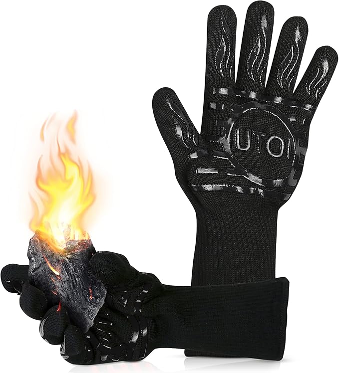 BBQ Grill Gloves, 1472F Heat Resistant Barbecue Oven Mitts, Silicone Non-Slip Cooking Gloves for Kitchen, Grilling and Baking, EN407 Certified, 13 inch Long, Black, XL Size, 1 Pair