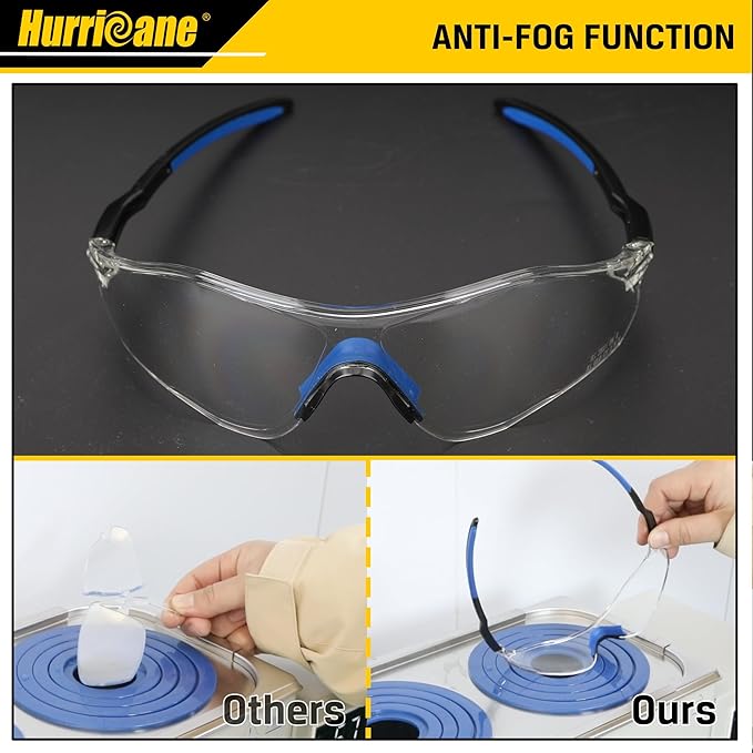 HURRICANE UV400 Safety Glasses, Clear Lens, Lightweight PC Glasses with Anti-Fog Feature
