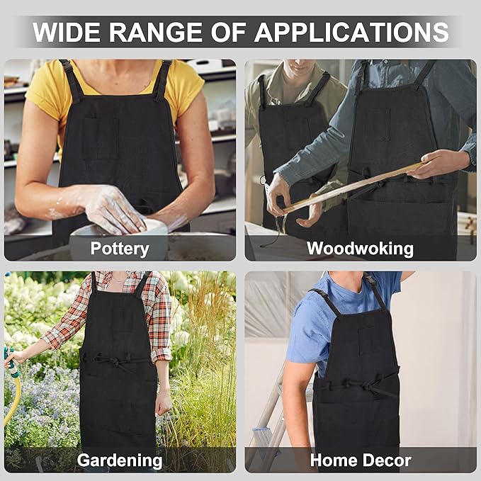 MyLifeUNIT Artist Apron, Adjustable Painting Apron with 10 Pockets for Arts and Craft, Black Canvas Pottery Apron for Women Men