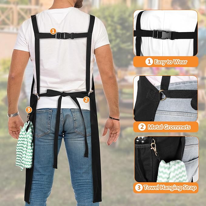 Heavy-duty BBQ Grilling Apron, Outdoor Cooking Apron for Men & Women Chef with Dual Shoulder Straps & Adjustable Buckle, Anti-oil Kitchen Apron with Multiple Pockets & Slit Hem, Apron Only