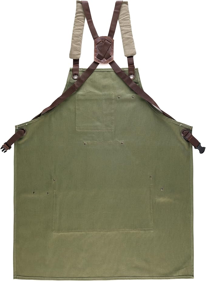 Cross Back Canvas Aprons With Pockets |Adjustable Leather Strap|Work Apron|Chef Apron|Woodworking, Grilling