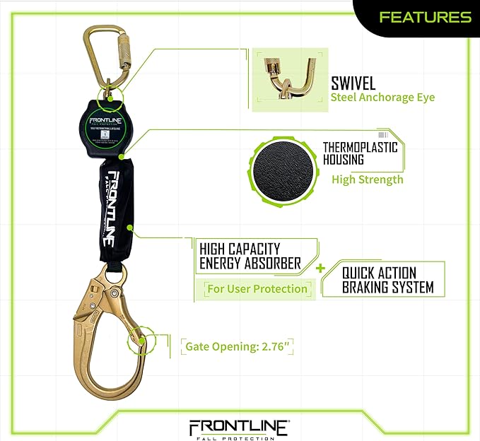 Frontline RPA062R 6' Aramid Web Twin Leg SRL with Steel Rebar Hooks | 310 lbs Capacity | Lightweight & Durable | Aramid Fiber Webbing Retractable | ANSI & OSHA Compliant | ISO Lab Tested
