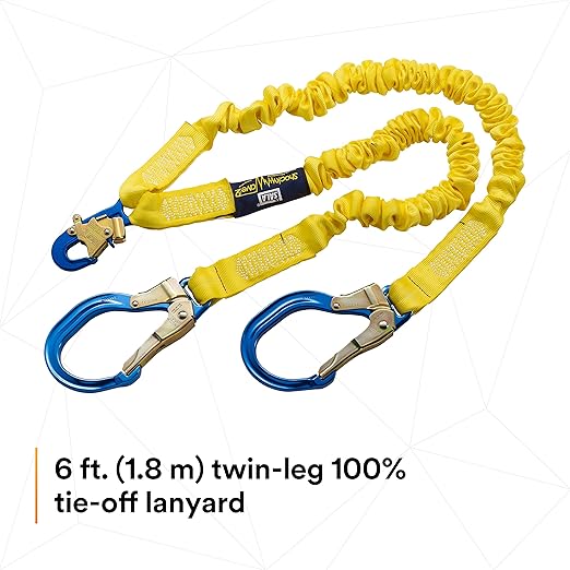 3M DBI-SALA 6' Shockwave2 1 1516" Polyester Tubular Web Twin-Leg Tie-Off Shock-Absorbing Lanyard With Snap Hook And Aluminum Rebar Hooks On Leg Ends