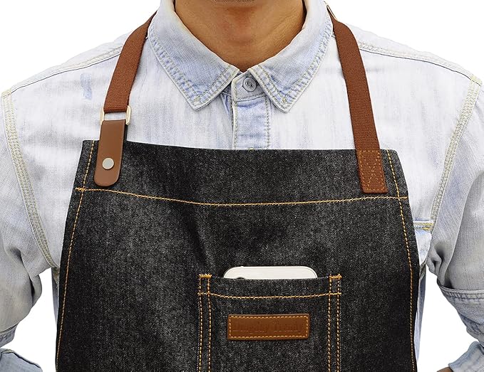 Denim Kitchen Apron with Pockets, Mens Womens Professional Chef Bib Apron for Cooking Grill BBQ Server