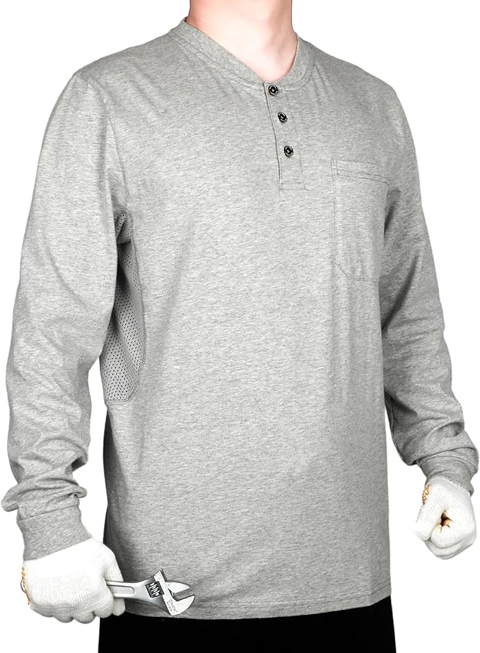 BOCOMAL FR Shirts Summer Vented Mesh Breathable Henley Shirt 5.5oz Flame Resistant CAT2 Work Clothing