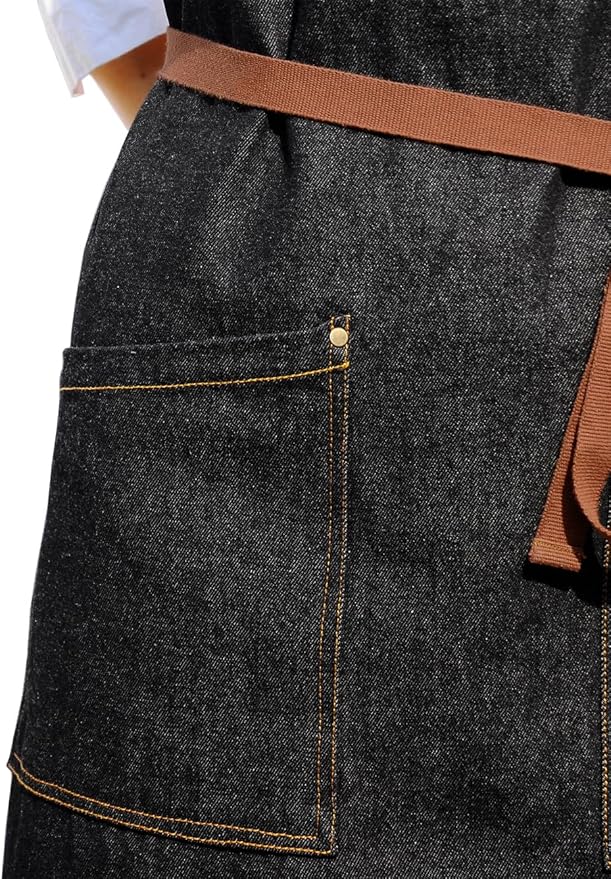Black Denim Apron with Pockets for Women Men, for Chef Kitchen Cooking Hairstylist BBQ Grill Painting, Leather Cross Back Straps & Adjustable S to XXL