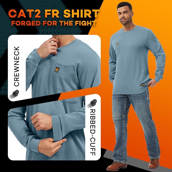 WORKWEYA Men's FR Shirts 6.5oz Lightweight Long Sleeve Flame Resistant T-Shirt NFPA 2112/CAT2