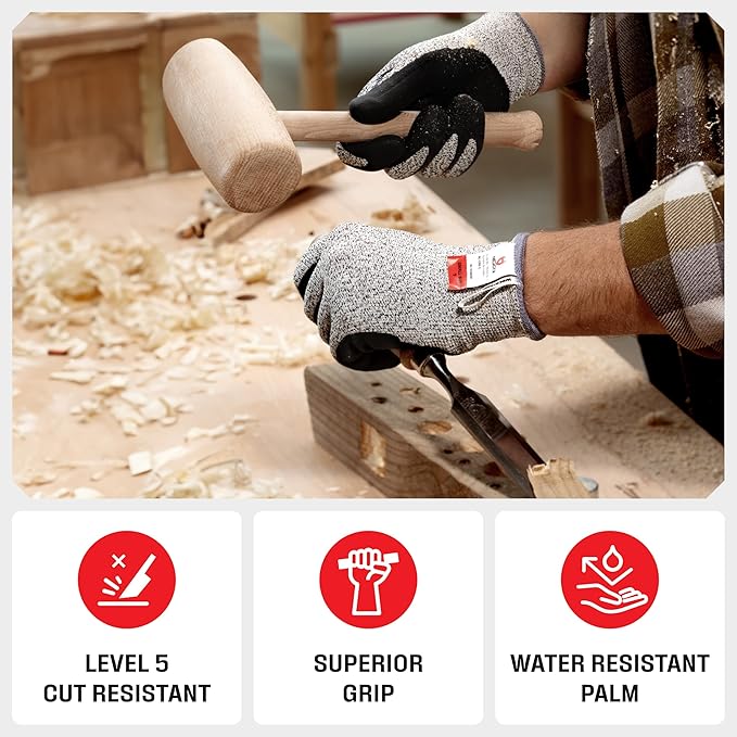 NoCry Professional Cut Resistant Work Gloves for Men and Women with Firm Grip and Waterproof Palms — Touchscreen Tips & Reinforced Thumb — Ideal for Cutting, Slicing and Dicing