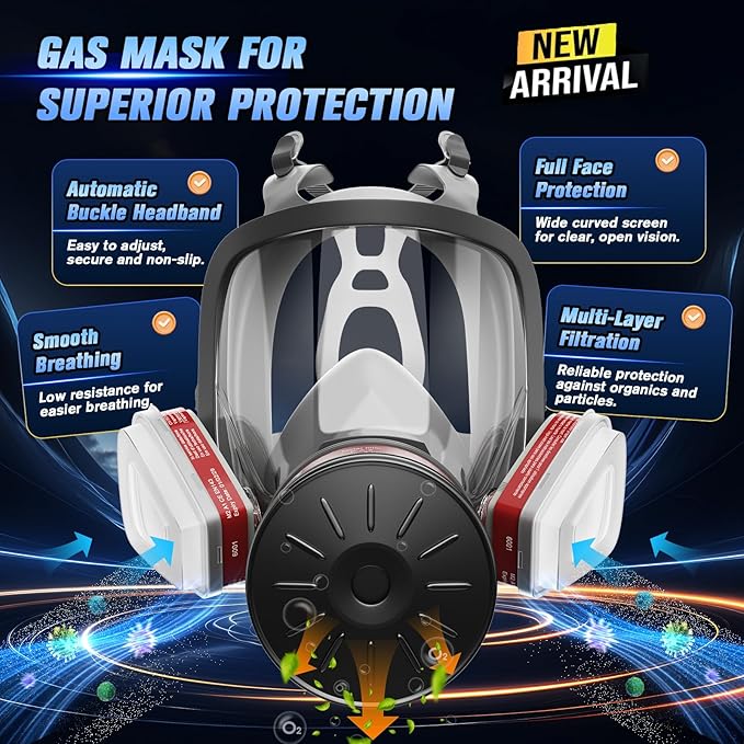 2025 Upgraded Gas Mask, Gas Masks Survival Nuclear and Chemical, Full Face Gas Mask with 40mm Activated Carbon Filter and 6001 Filter, 6800 Respirator Mask for Gases, Vapors, Dust, Chemicals