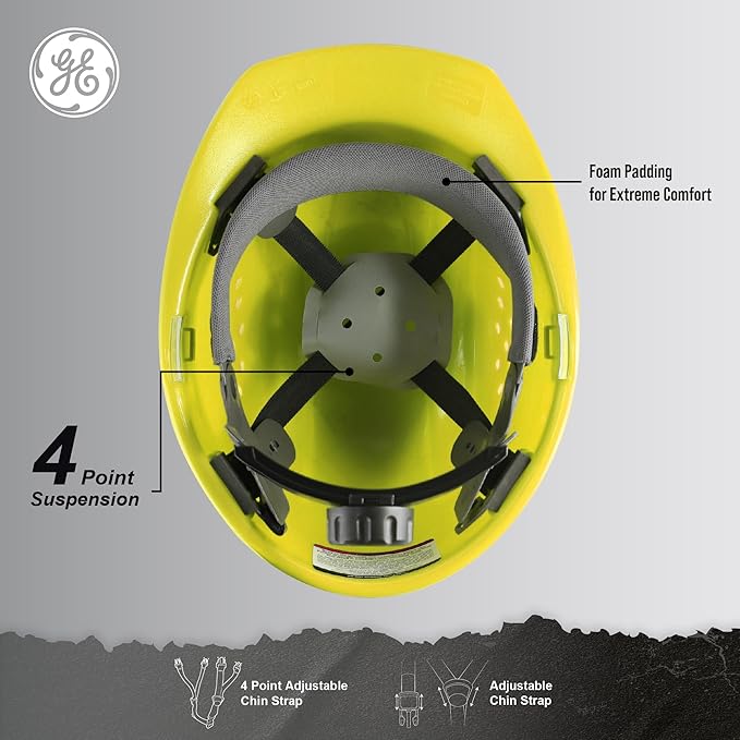 GE Cap Style Hard Hat, 4-Point Ratchet Suspension, Earmuff Slots, High Impact Resistant, Sweat-Wicking Sweatband, Meets ANSI Z89.1-2014, Comfortable, Durable, and Protective - Yellow, Vented