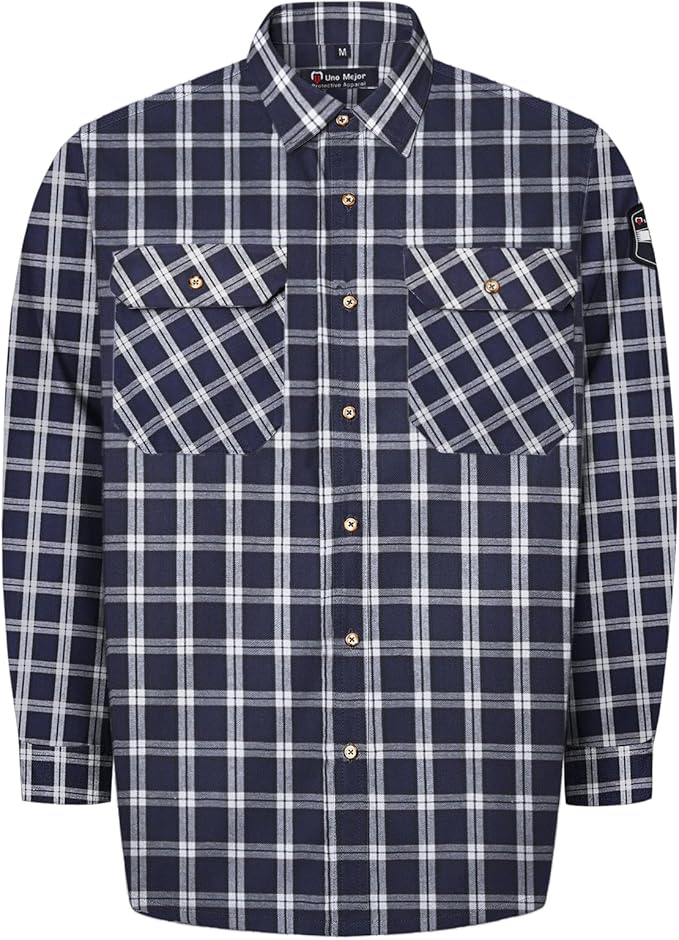 Welding Shirts for Men 6.25oz FR Shirts, Flame Resistant FR Jackets for Men with Reinforced Sewing, Men's Fire Retardant Welding Shirt, Durable to Use, Navy-Plaid 3XL