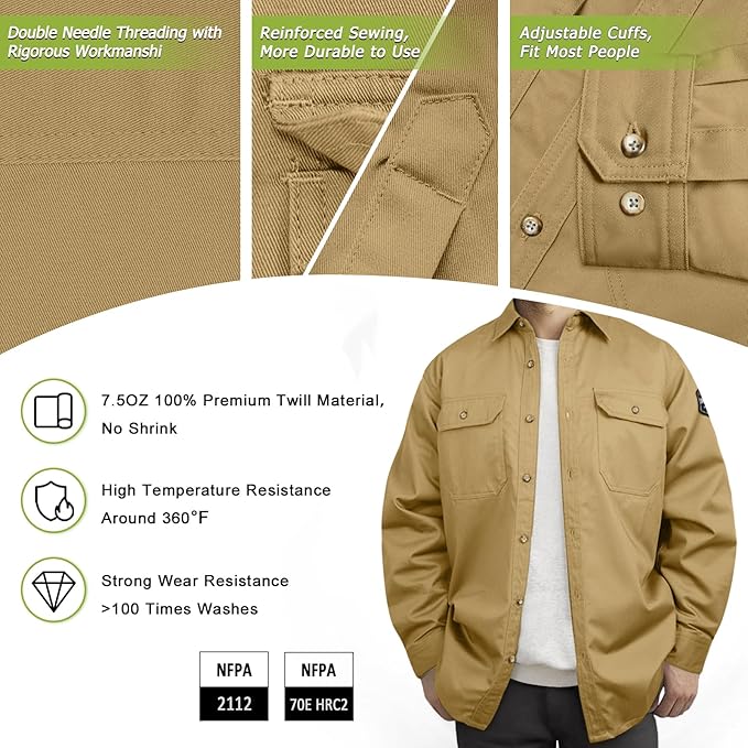 FR Shirt 7.5oz, 100% C Flame Resistant Work Shirt with Reinforced Sewing, Men's Fire Retardant Shirt, Durable Welding Accessories, Meets NFPA2112, Khaki-ZRND M