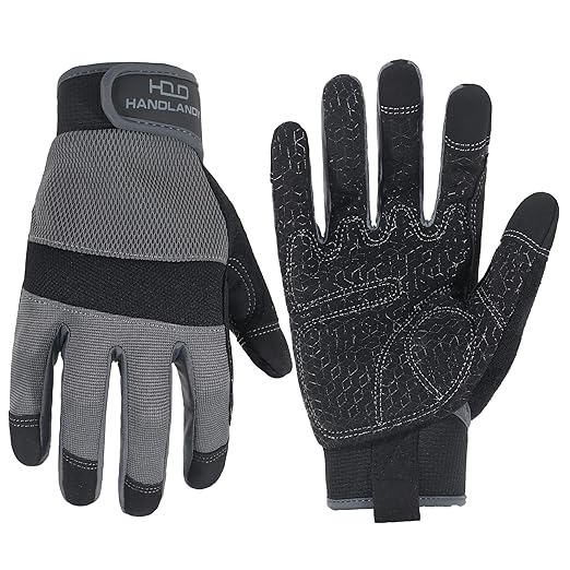 HANDLANDY Working Gloves for Men & Women, Safety Work Gloves with Grip for Warehouse Construction Garden Yard Outside (Grey-Grip, Medium (Pack of 1))