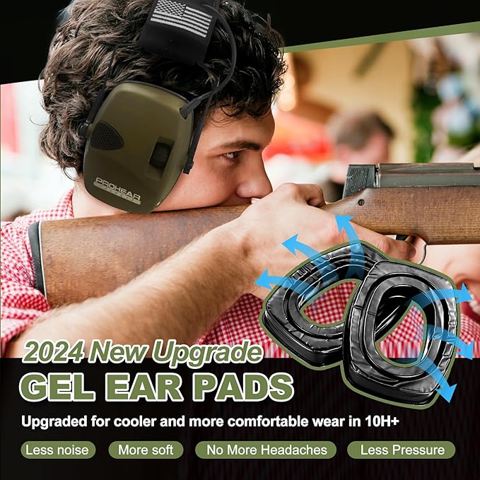 PROHEAR Electronic Ear Protection with Gel Pads for Shooting with 4X Sound Amplification, Gun Range Hearing Protection Muffs, NRR 23dB Noise Reduction Headphones for Hunting, Green