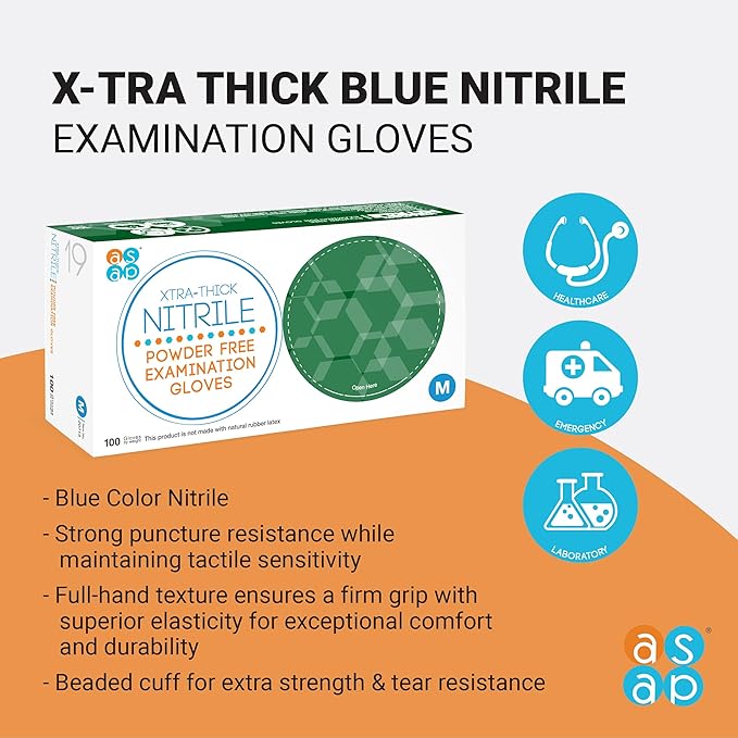 ASAP Blue Nitrile Gloves Disposable Latex Free - 4 Mil Powder Free, Food Safe, Kitchen & Medical - Cleaning & Tattoo Supplies