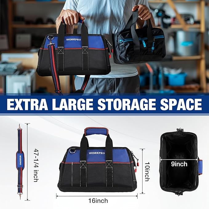 WORKPRO 16-inch Wide Mouth Tool Bag, Heavy Duty Cloth Tool Storage Bag with Water Proof Molded Base, Adjustable Shoulder Strap