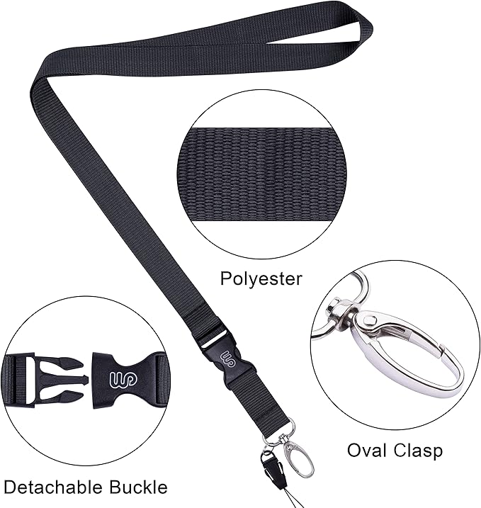 Wisdompro Office Lanyard, 5 Pack 23 inch Quick Release Neck Strap Lanyard with Detachable Buckle, Metal Oval Clasp, String Loop for ID Badges, Keys, Keychain, USB Flash Drives, Phones - Black