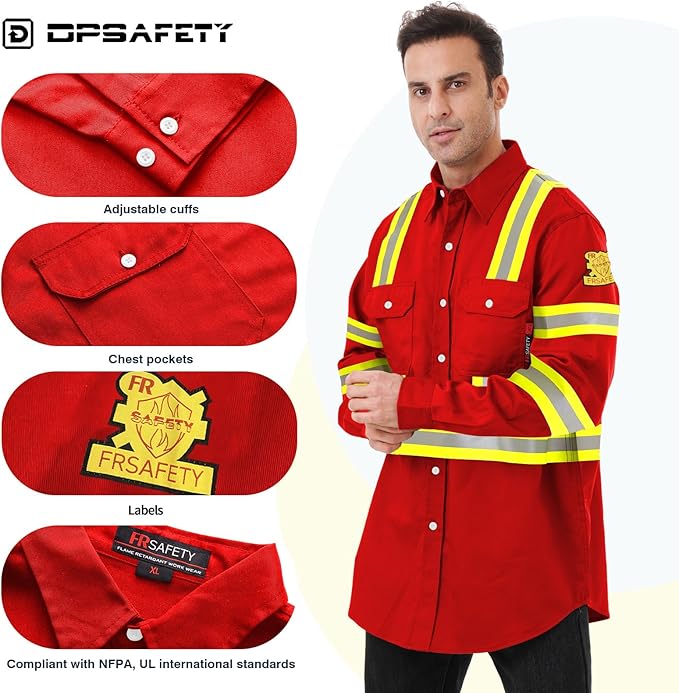 FR Shirts for Men 7oz High Visibility Fire Resistant Shirts NFPA CAT2 Welding Shirt 100% Cotton Hi Vis Flame Resistant Shirt Red(Large)