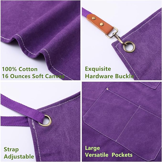 Chef Apron Medium-Thick Cotton Canvas,Cross Back with Multiple Pockets Adjustable Work Apron for Men and Women (Purple)