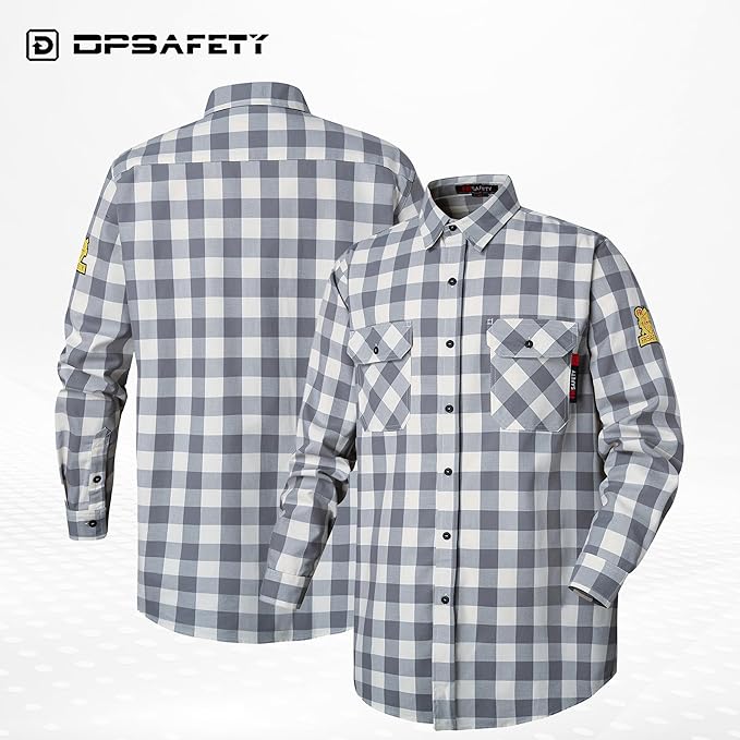 FR Shirts for Men 7oz Fire Resistant Shirts NFPA CAT2 Welding Shirt 100% Cotton Flame Resistant Shirt Grey/Plaid(3X-Large)
