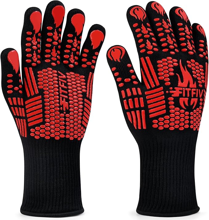 BBQ Gloves, Oven Gloves, Extreme Heat Resistant Barbecue Gloves, Silicone Non-Slip Oven Mitts, Kitchen Gloves for Cooking, Grilling, and Baking (Red)