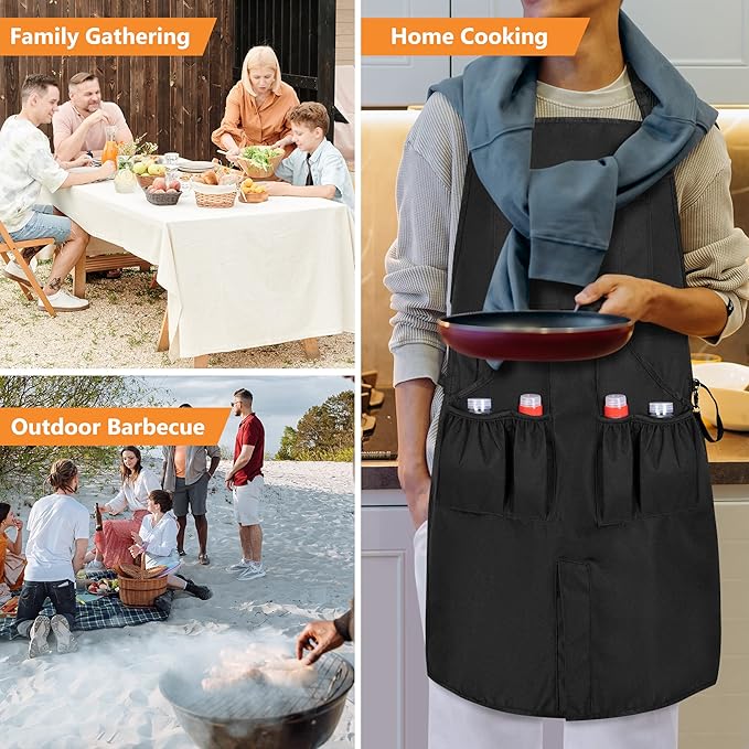 Large BBQ Grilling Apron, Cooking Apron for Men with Pockets & Slit Hem, Kitchen Apron with Adjustable Neck Strap for Men & Women, Work Apron for Chef, Barber, Painter, Carpenter, Apron Only